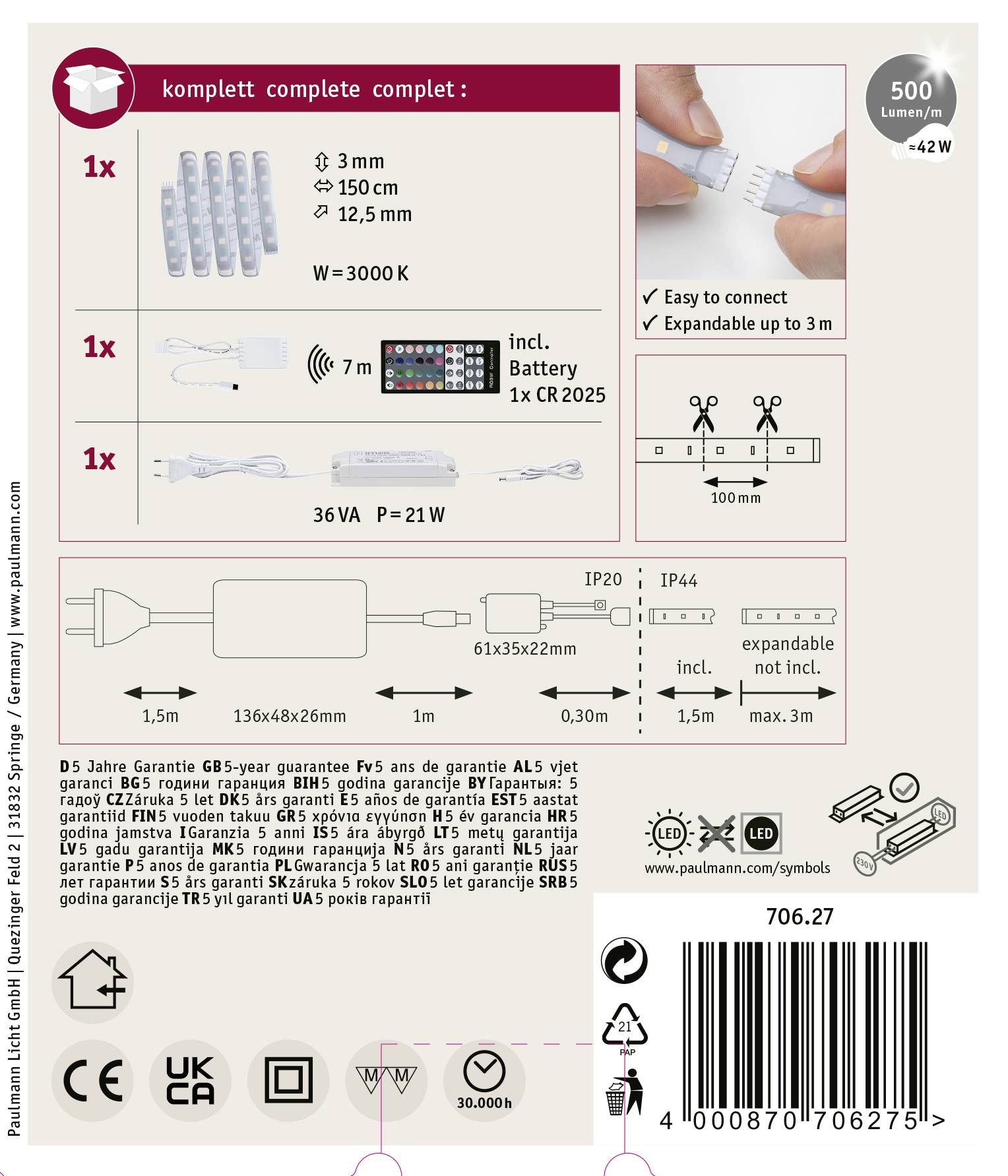 Set de bande LED, longueur 3 m, blanc chaud (3000K), 500 lumens, contrôle par télécommande ; avec adaptateur et pile CR2025.