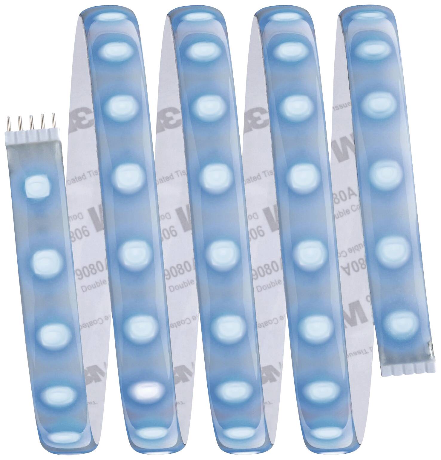 Plusieurs bandes de LED bleues légèrement incurvées, avec des unités lumineuses rondes visibles. Idéales pour l'éclairage d'accentuation ou la décoration.