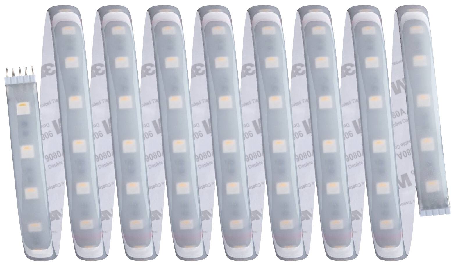 Bande de LED avec couverture transparente, montrant 10 lumières LED uniformes. Un connecteur à quatre pôles est visible à gauche.