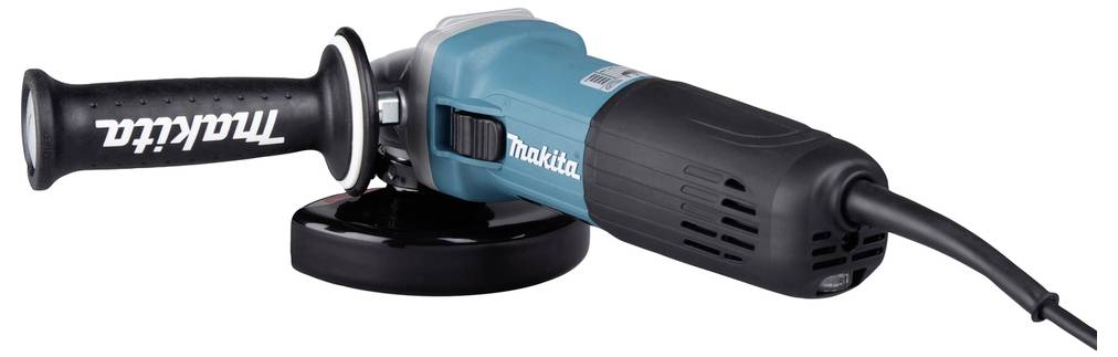 Un meuleuse d'angle électrique Makita de couleur bleu et noir, avec une poignée latérale, présentée sur un fond blanc.