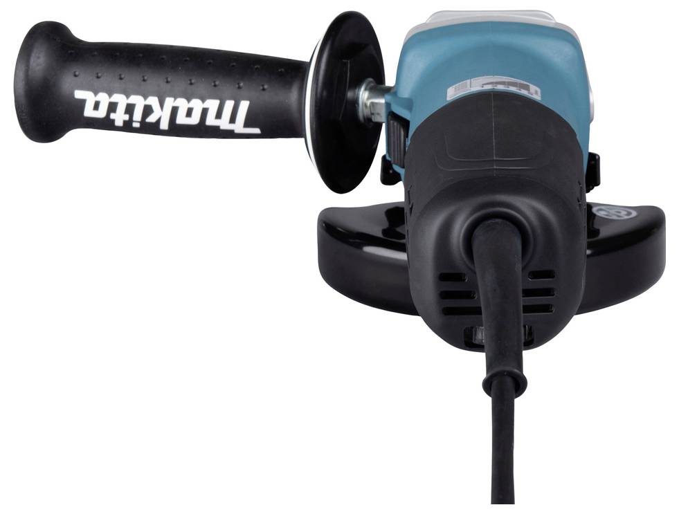 Un meuleuse d'angle électrique avec un corps bleu et une poignée noire, présentant une vue de côté avec un cordon d'alimentation attaché. Le nom de la marque est visible sur la poignée.