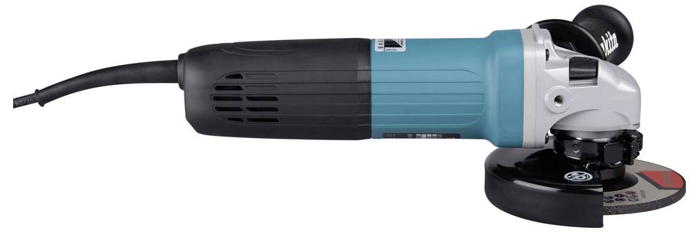 Meuleuse d'angle électrique avec un corps bleu et noir, une poignée de préhension ventilée et un disque de coupe. Utilisée pour meuler ou couper le métal et la maçonnerie.