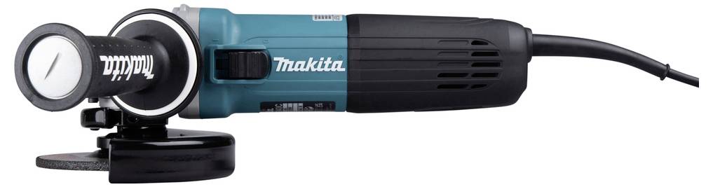 Un meuleuse d'angle Makita noir et bleu avec un disque de coupe, vue de côté, mettant en valeur sa poignée et son cordon d'alimentation.