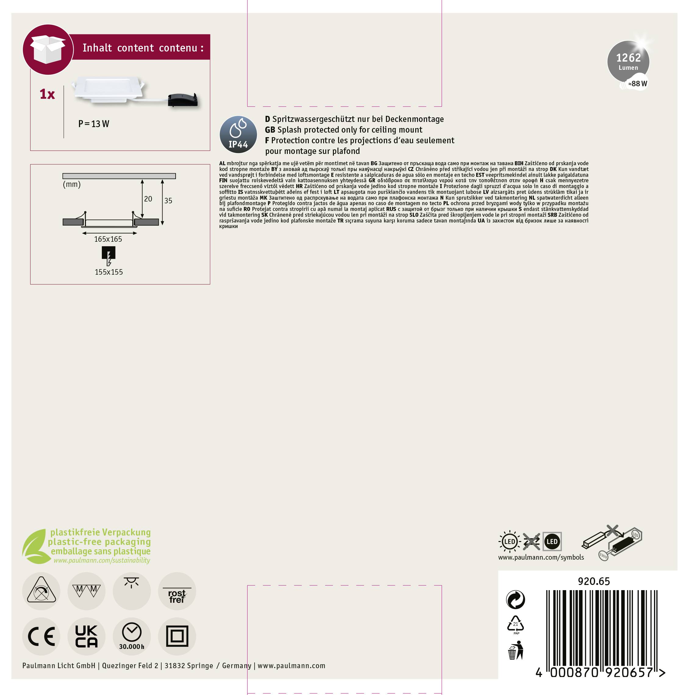 'P4285 Kit d'encastrement 1x P=13W Modula Square c1 f1.' Guide visuel pour l'installation au plafond. Graphique de contour et informations techniques.