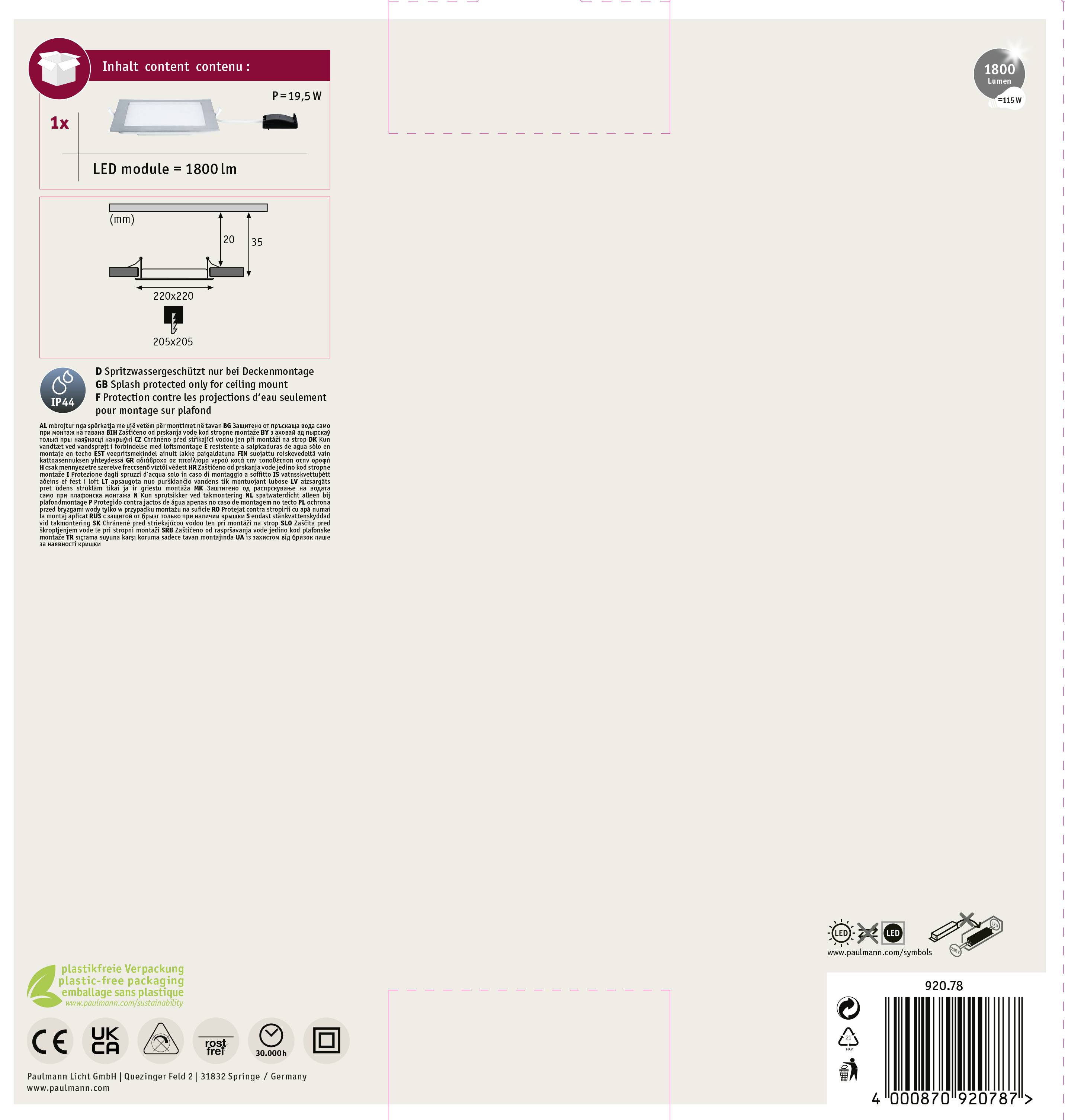 Emballage pour luminaire de plafond avec module LED, 1800 lumens. Contient un diagramme de montage du produit et des symboles importants de marque et de recyclage.