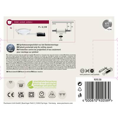Applique murale LED, Puissance : 6,5 W, Flux lumineux : 671 lumens, Protection contre les projections d'eau IP44. Uniquement pour montage au plafond. Emballage sans plastique.