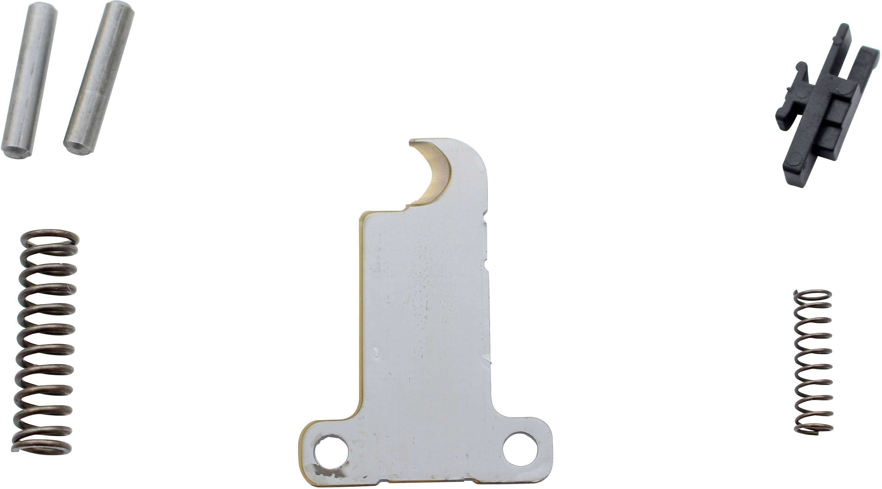 Pièce métallique comprenant deux ressorts, deux goupilles métalliques et un élément en plastique noir, probablement partie intégrante d'un mécanisme.