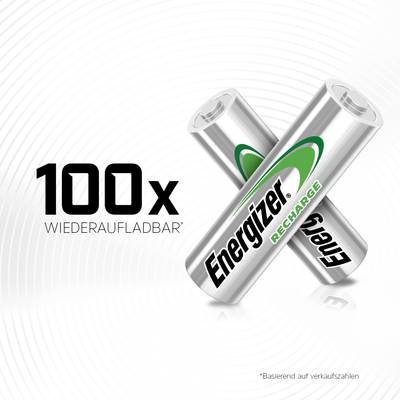 Deux piles AA de la marque Energizer, représentées en croix. Texte : « Rechargeable 100 fois »