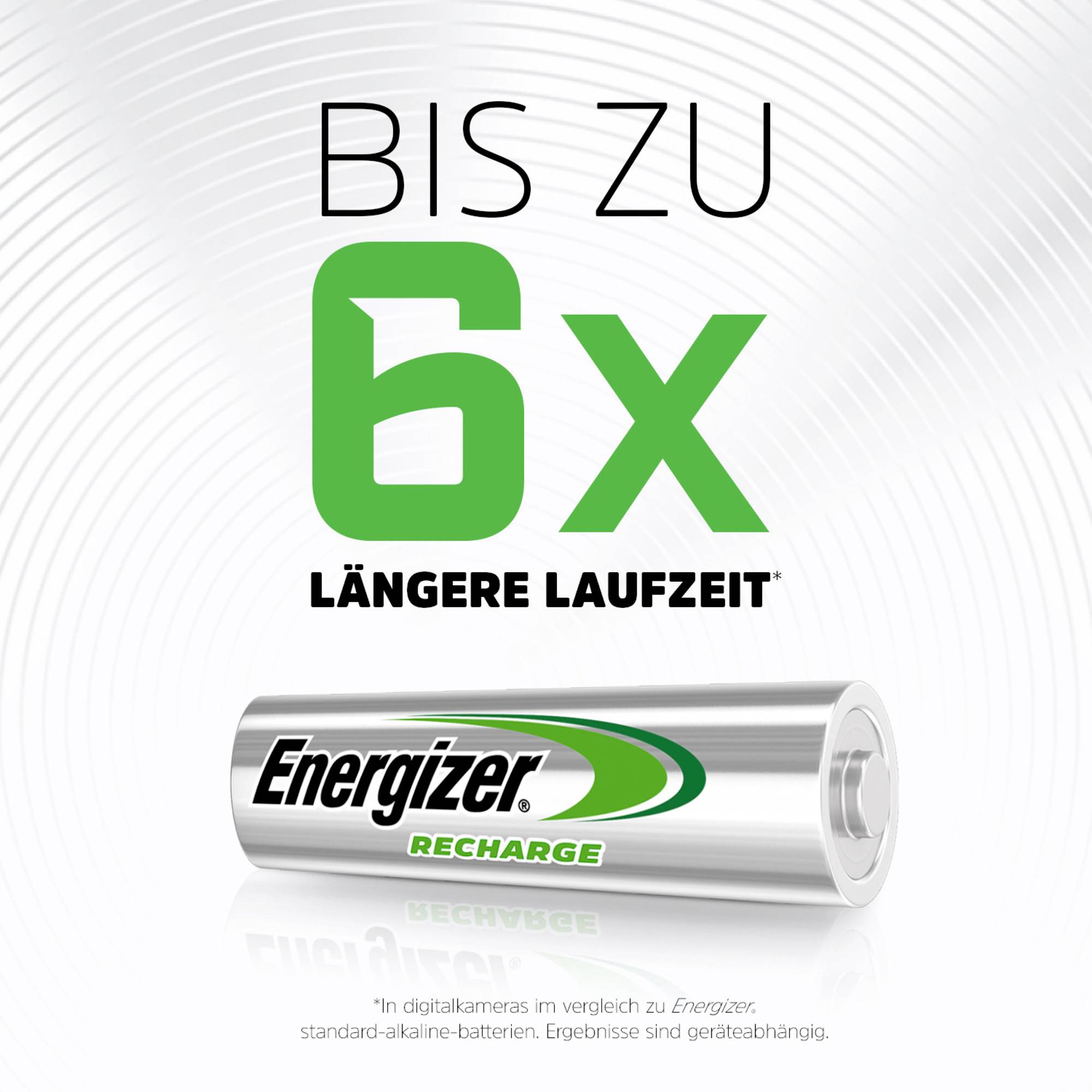 « Jusqu'à 6 fois plus d'autonomie » avec l'image d'une batterie rechargeable Energizer. Par rapport aux piles alcalines standard.