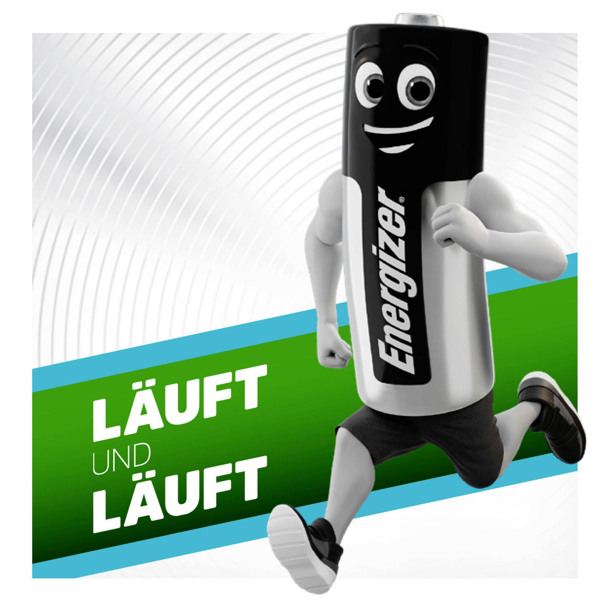 Mascotte de batterie avec un visage qui court, portant un short noir. Texte : 'Court et court encore'. Publicité Energizer.