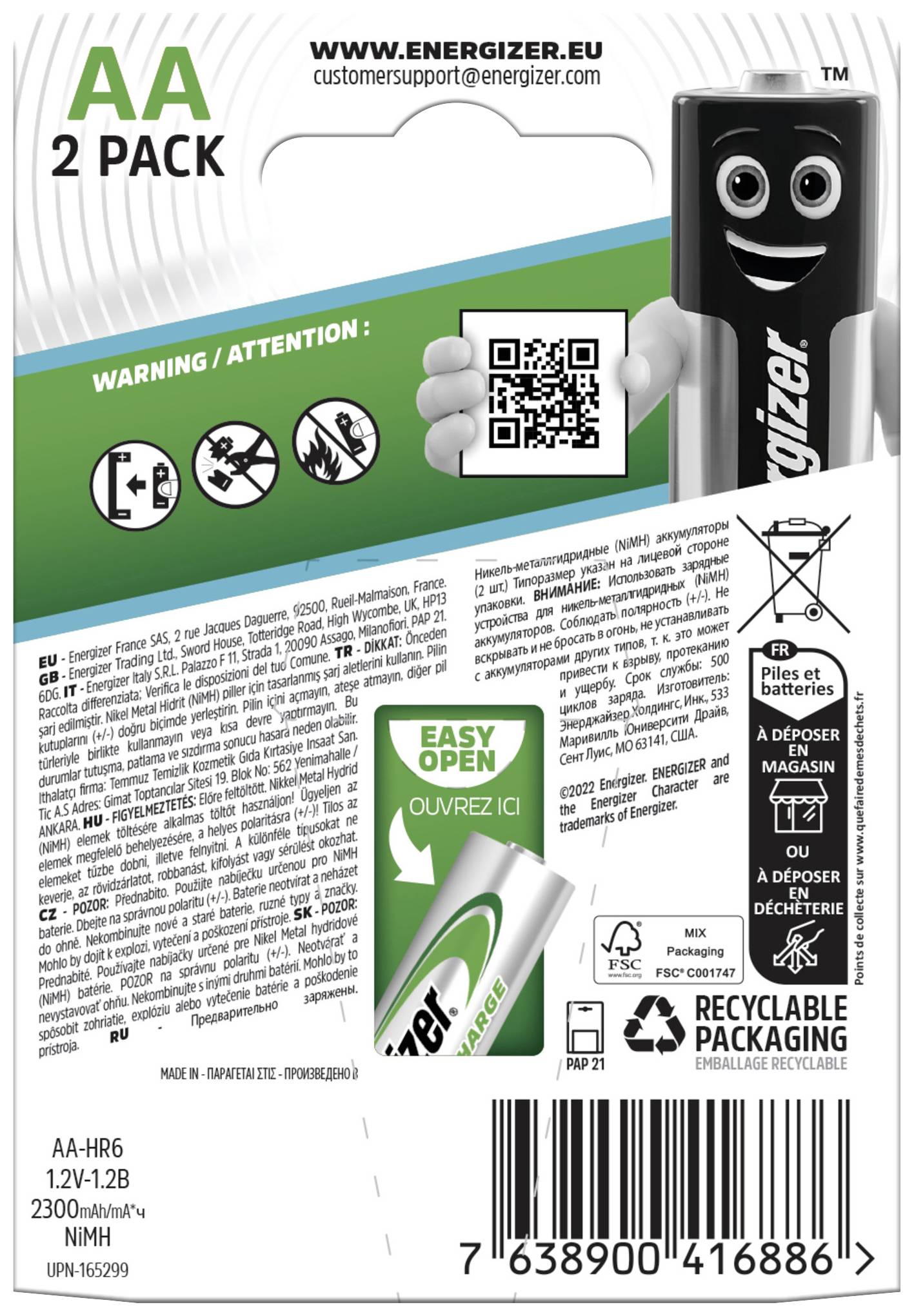 Arrière d'un emballage de piles Energizer AA contenant 2 piles. Affiche le nom de la marque, un code QR, des avertissements, des informations de recyclage et des coordonnées de contact.
