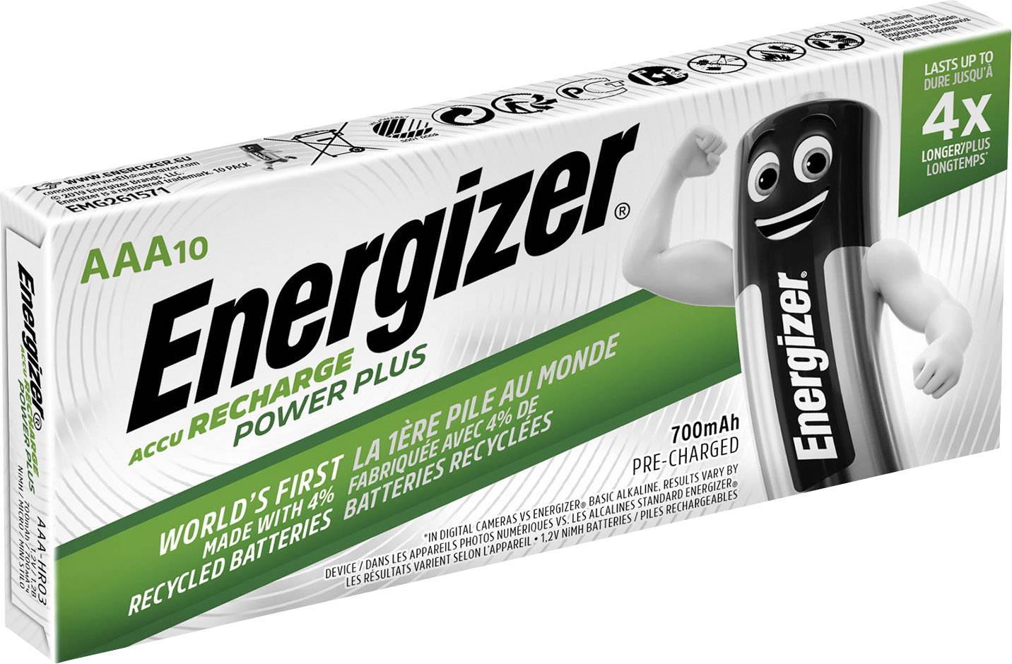 Boîte de piles Energizer portant l'inscription 'Première batterie mondiale issue du recyclage'. Modèle : AAA, préchargée, 700mAh.