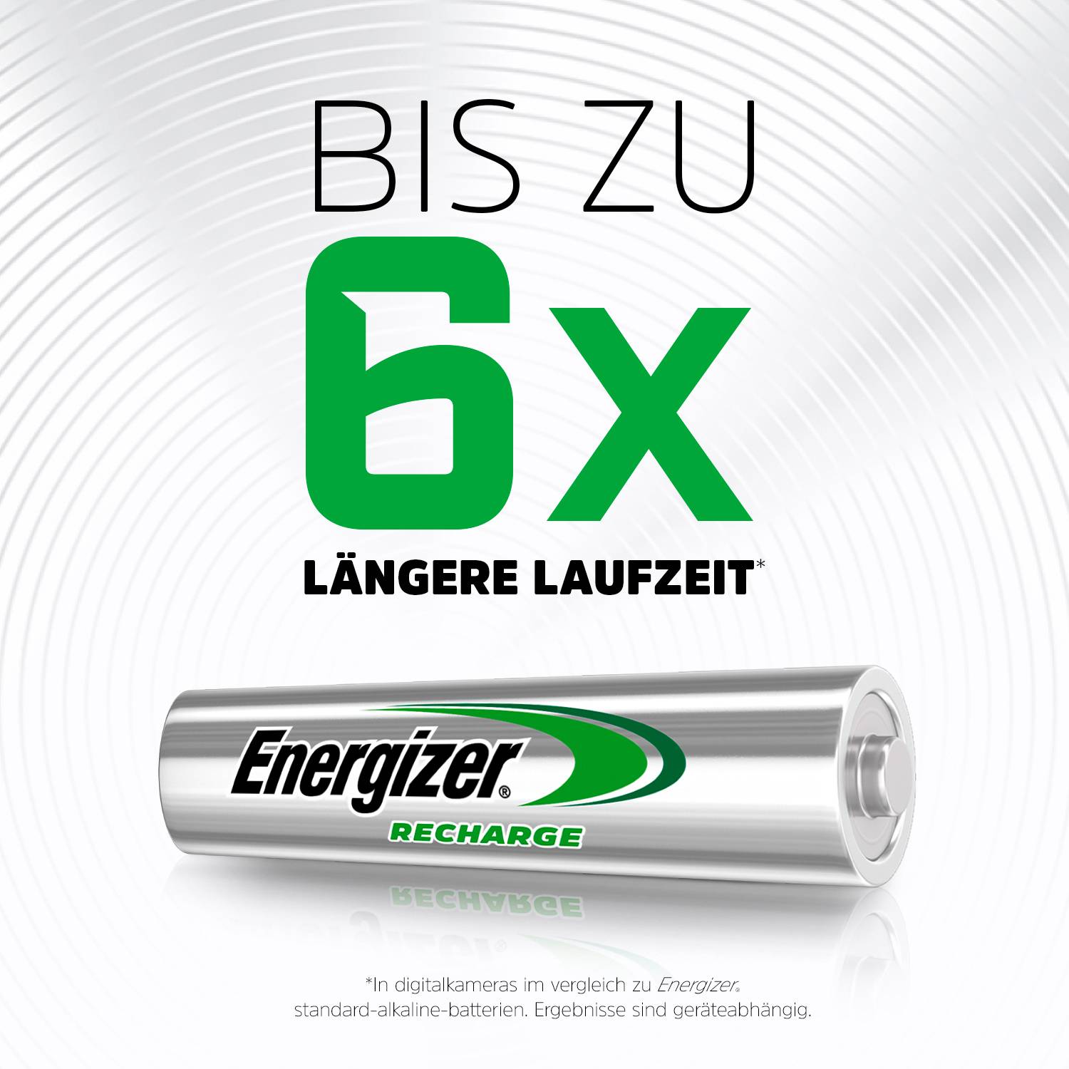 "Jusqu'à 6 fois plus d'autonomie" en écriture verte au-dessus d'un accumulateur Energizer Recharge posé sur une structure de fond grise ondulée.