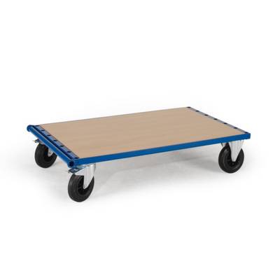 Chariot roulant à quatre roues, avec une plateforme rectangulaire en bois et un cadre bleu, adapté pour le transport d'objets volumineux ou lourds.