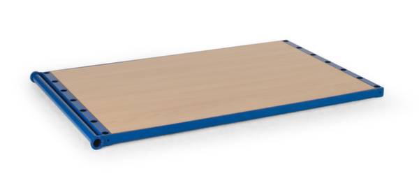 Une planche rectangulaire en bois avec des bords métalliques bleus, utilisée comme tablette pour un système d'étagères.