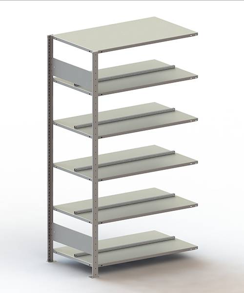 Étagère grise, indépendante, avec sept tablettes uniformément réparties, adaptée au rangement.