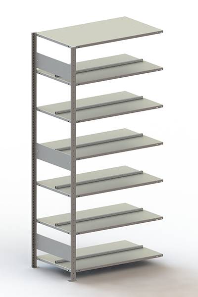 Étagère métallique autoportante avec huit tablettes réglables. Idéale pour le rangement dans les bureaux ou les espaces de stockage.