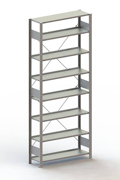 Étagère métallique avec huit tablettes uniformément réparties, adaptée au rangement d'objets.