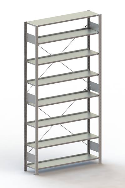 Étagère métallique stable avec sept tablettes vides, adaptée au rangement d'objets dans les bureaux ou les ateliers.
