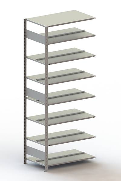 Une étagère haute avec huit tablettes uniformément réparties, au design épuré, adaptée au rangement d'objets divers.