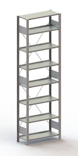 Étagère métallique avec huit tablettes réglables, adaptée au rangement dans les espaces de bureau ou les entrepôts.