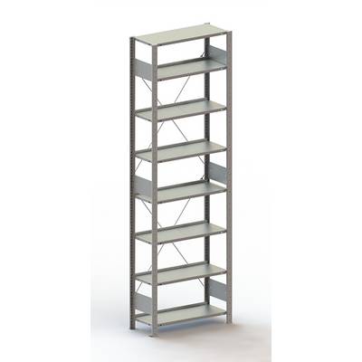 Étagère métallique avec huit tablettes réglables, adaptée au rangement dans les espaces de bureau ou les entrepôts.