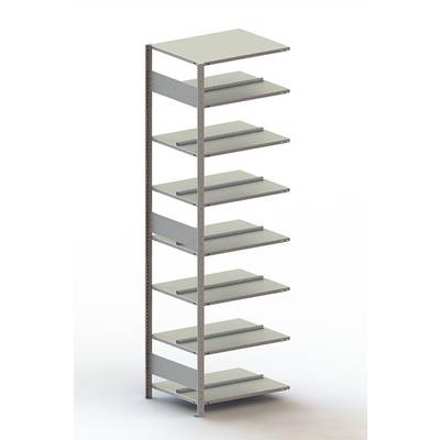 Une étagère haute avec neuf tablettes étroites et grises, réparties uniformément, sur un fond blanc.