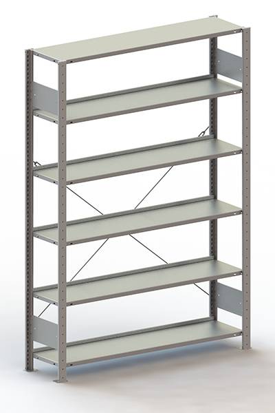 Un étagère métallique vide à six niveaux, installée de manière autonome devant un fond blanc. Idéal pour le rangement dans les bureaux ou les entrepôts.