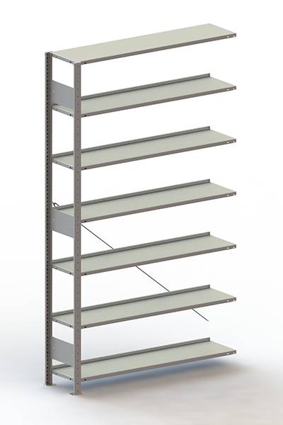 Étagère métallique avec huit tablettes réglables, adaptée au rangement d'objets dans les bureaux ou les espaces de stockage.