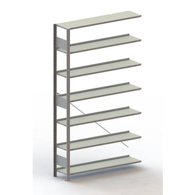 Étagère métallique avec huit tablettes réglables, adaptée au rangement d'objets dans les bureaux ou les espaces de stockage.