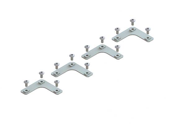 Quatre équerres métalliques avec des vis disposées de manière symétrique.