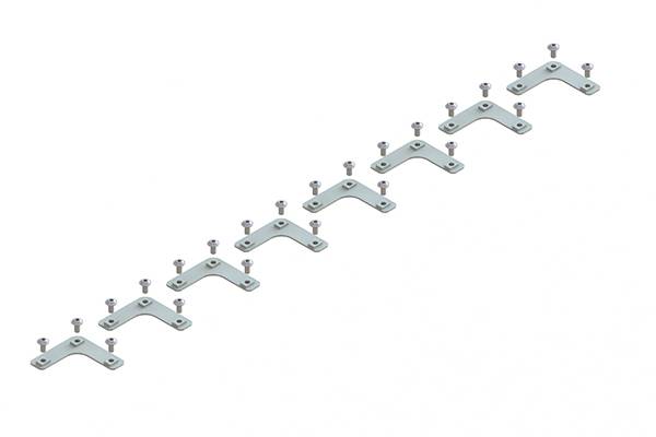 Des équerres métalliques en L disposées uniformément, munies de deux vis à chaque extrémité, adaptées pour des fixations.