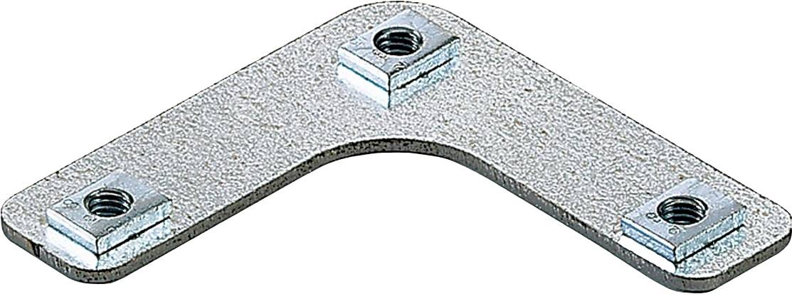 Équerre métallique avec trois écrous à filetage intégré, utilisée pour stabiliser et connecter des composants dans différentes constructions.