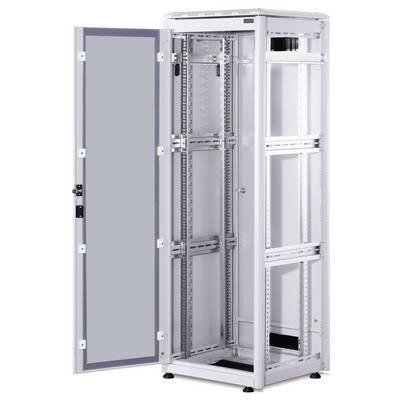 Un bâti de serveur ouvert avec une porte vitrée ouverte sur le côté, révélant des étagères intérieures et une structure de cadre métallique.