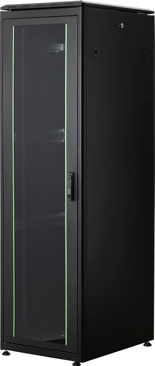 'Armoire serveur noire avec porte vitrée, stable sur roulettes, pour serveurs et équipements réseau. Idéal pour l'infrastructure de bureau.'