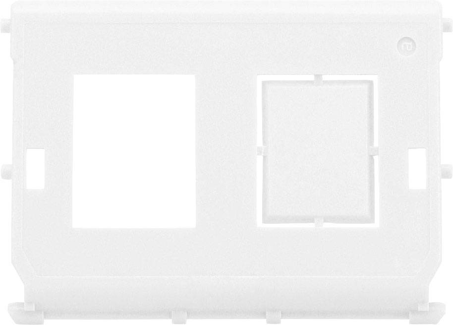 Une plaque blanche en plastique avec deux découpes rectangulaires, probablement destinées à des composants électriques ou à des couvercles.