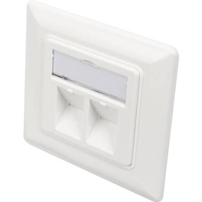 Prise murale blanche double avec connexion réseau, adaptée aux câbles Ethernet. Idéal pour les espaces de bureau pour une connexion réseau simple.