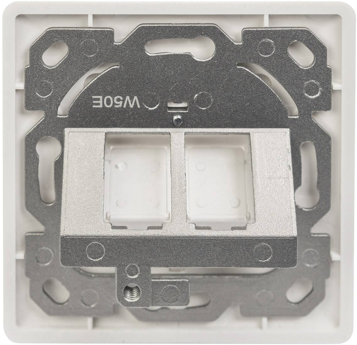 Un cadre métallique vide carré avec deux ouvertures rectangulaires, monté sur une plaque en plastique, probablement destiné à des prises électriques.