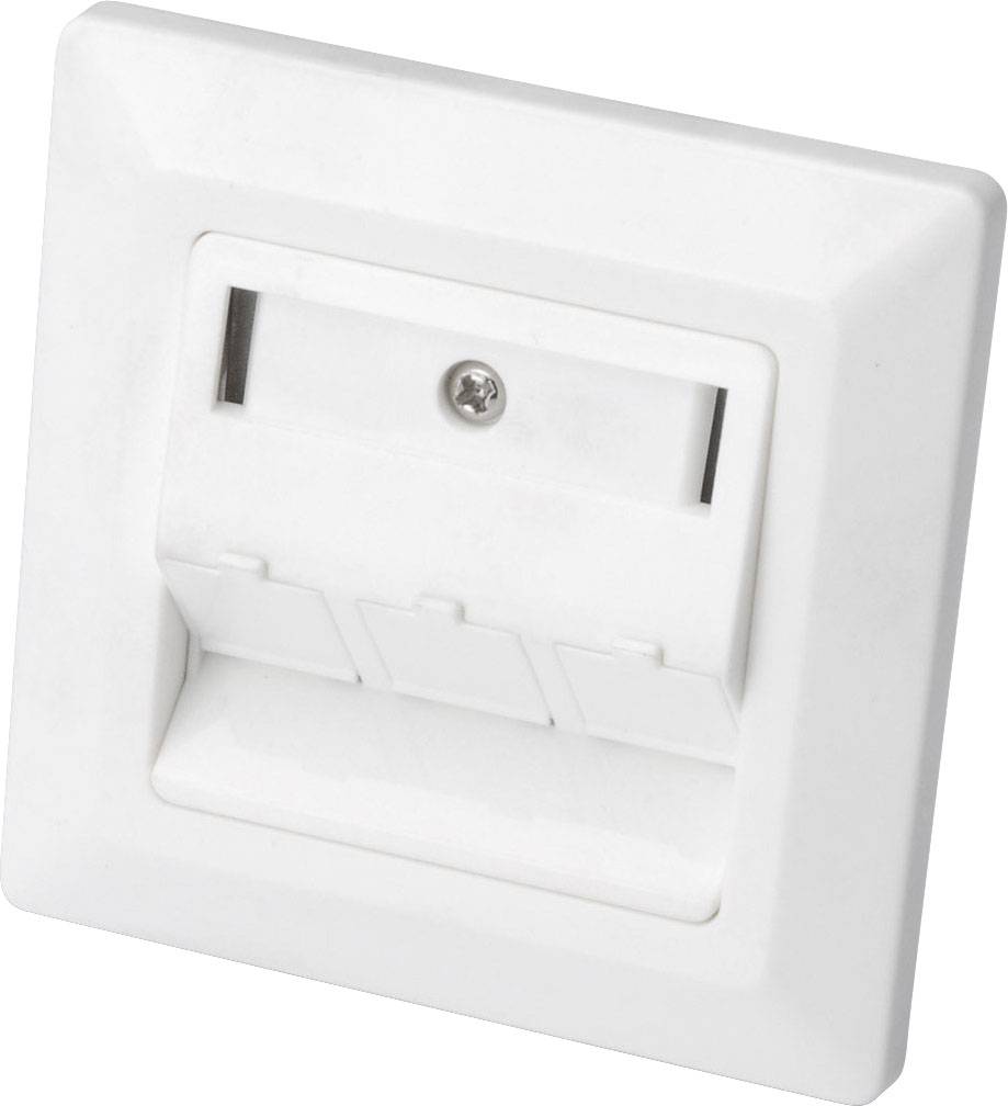 Prise électrique blanche avec protection enfant, située au centre d'une plaque carrée blanche, adaptée à une installation murale.