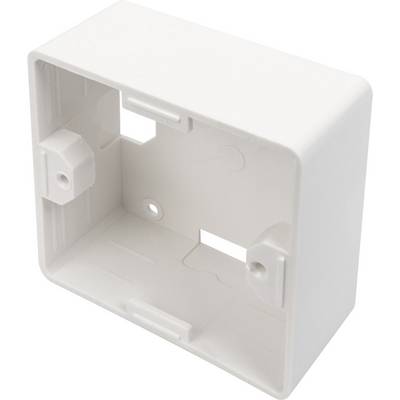 Boîte de dérivation encastrée blanche en plastique, de forme rectangulaire, avec des ouvertures pour le passage des câbles à l'arrière et des points de fixation.