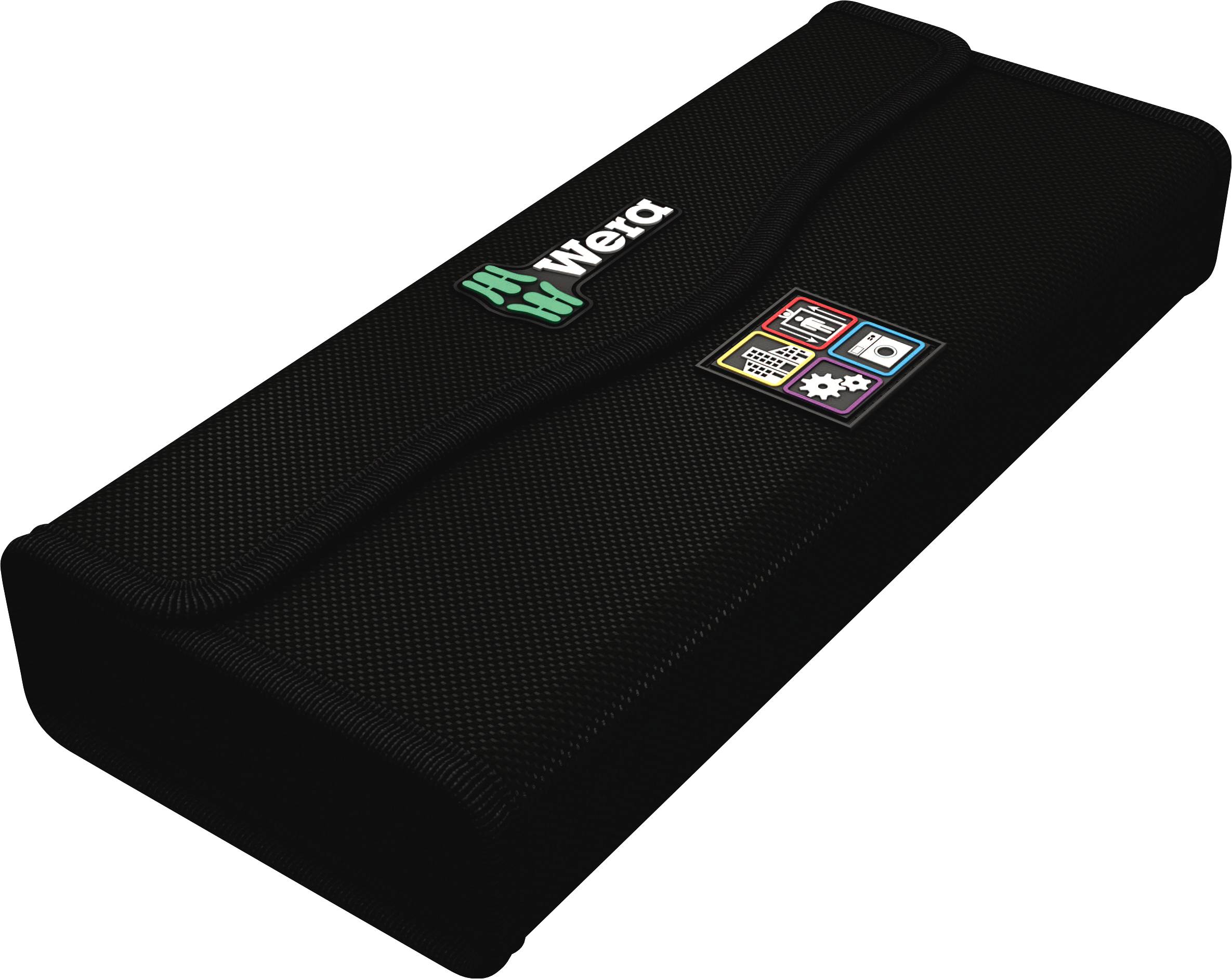 Sacoche à outils noire avec logo Wera sur le dessus. Contient des symboles pour l'électronique, la mécanique et l'informatique.