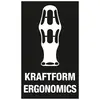 Logo noir et blanc avec un symbole de poignée ergonomique au-dessus et le texte 'Kraftform Ergonomics' en dessous.