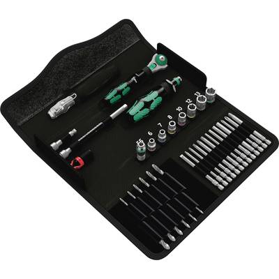 Ensemble d'outils dans un sac ouvert. Comprend des tournevis, des douilles, des embouts numérotés de 6 à 13 et divers accessoires.