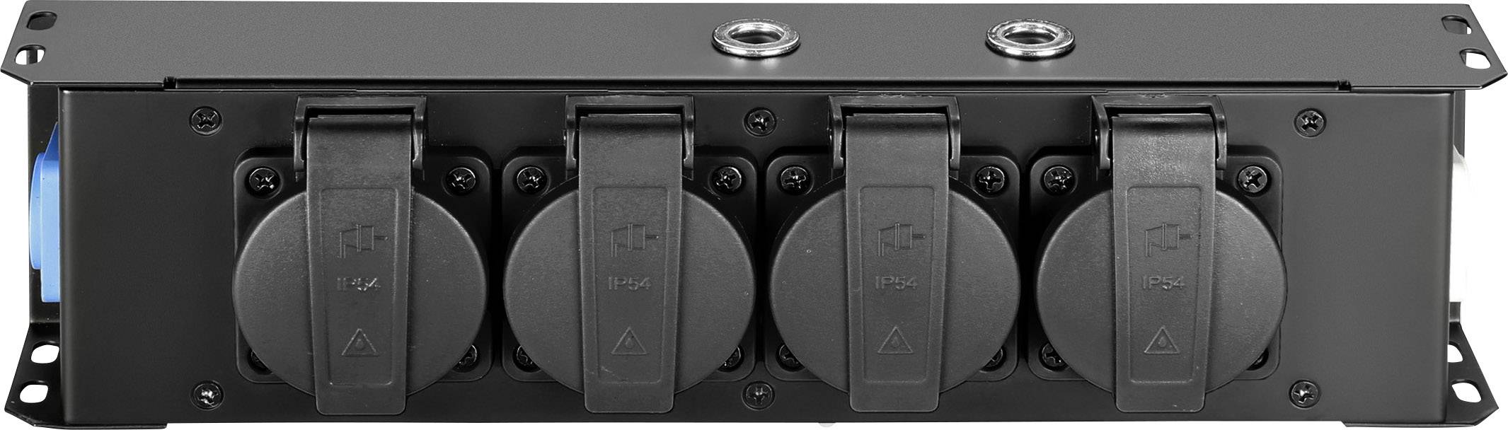 'Un module rectangulaire avec quatre prises électriques noires, monté dans un support métallique. Adapté aux applications industrielles ou techniques.'