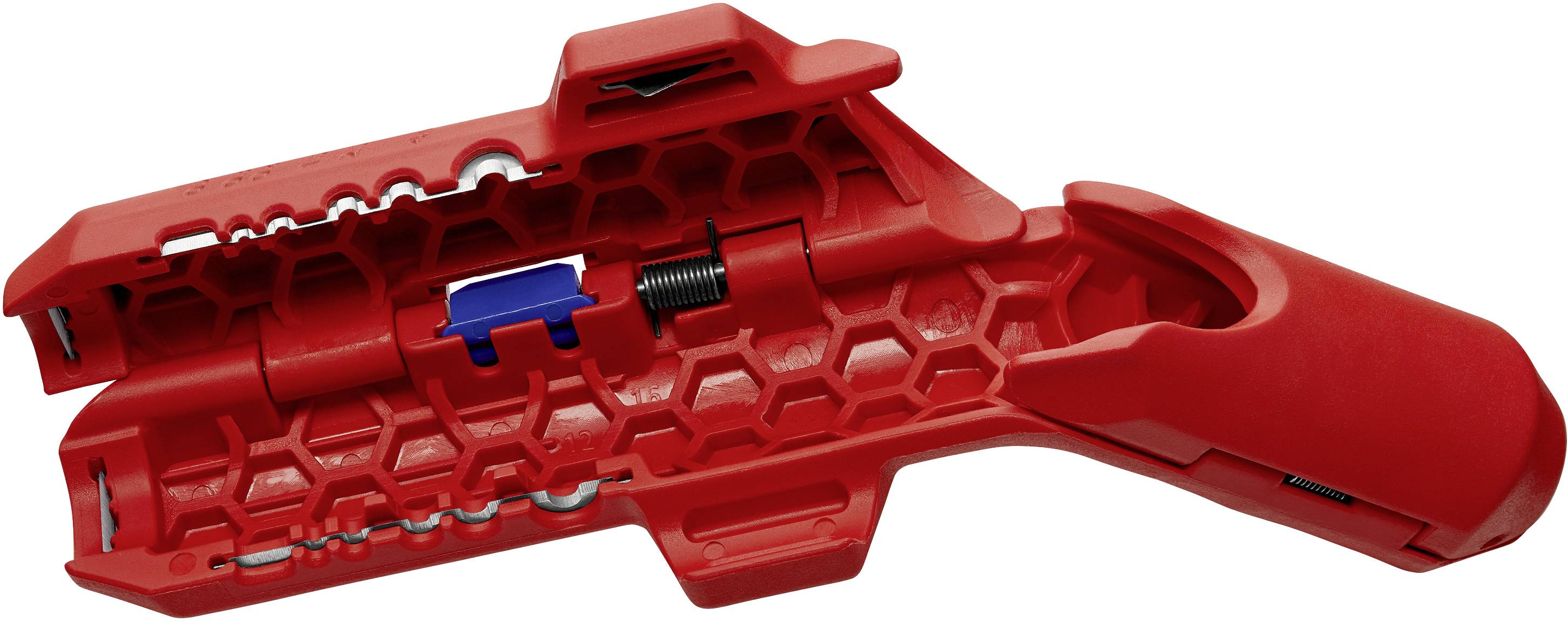 Boîtier en plastique rouge de forme alvéolaire avec un support de stylo bleu au centre.