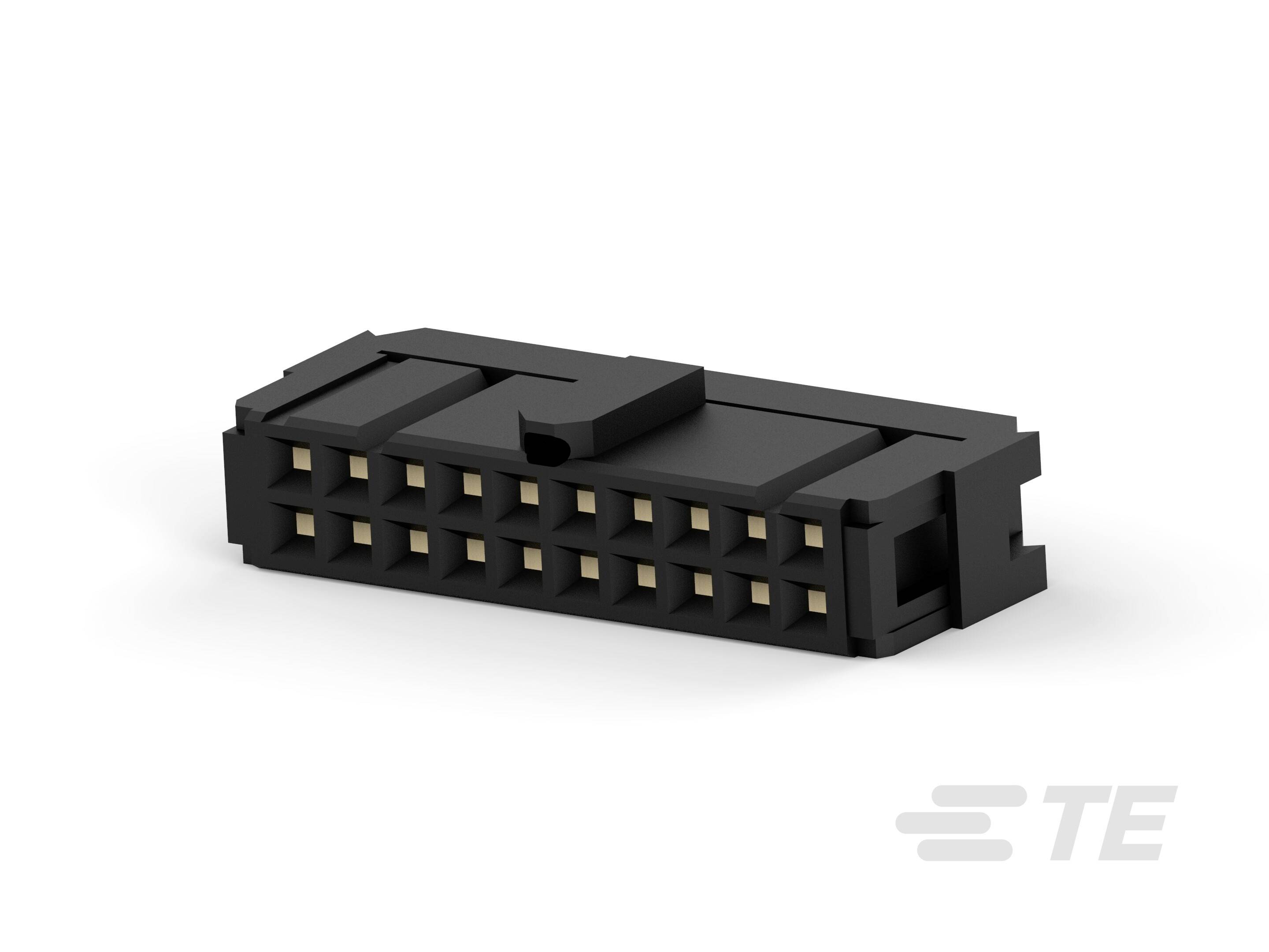 Connecteur rectangulaire noir avec plusieurs contacts dorés, adapté aux connexions électroniques. Situé en haut à gauche.