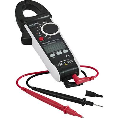 Multimètre numérique avec pince, affichant '0,00'. Il est équipé de sondes de test rouges et noires pour mesurer les valeurs électriques.