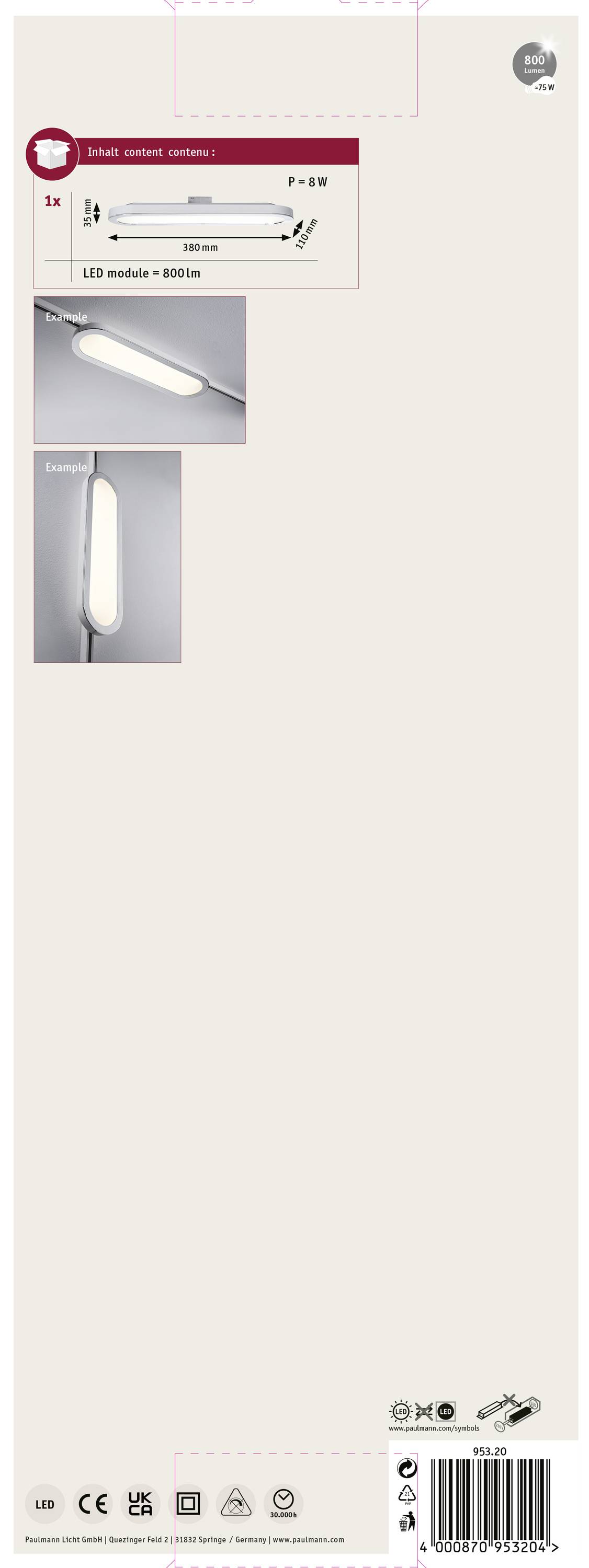 L'emballage présente un luminaire LED, modèle P-330, d'une puissance de 5,5 W et d'une luminosité de 500 lm. Images de la lampe sous différents angles.