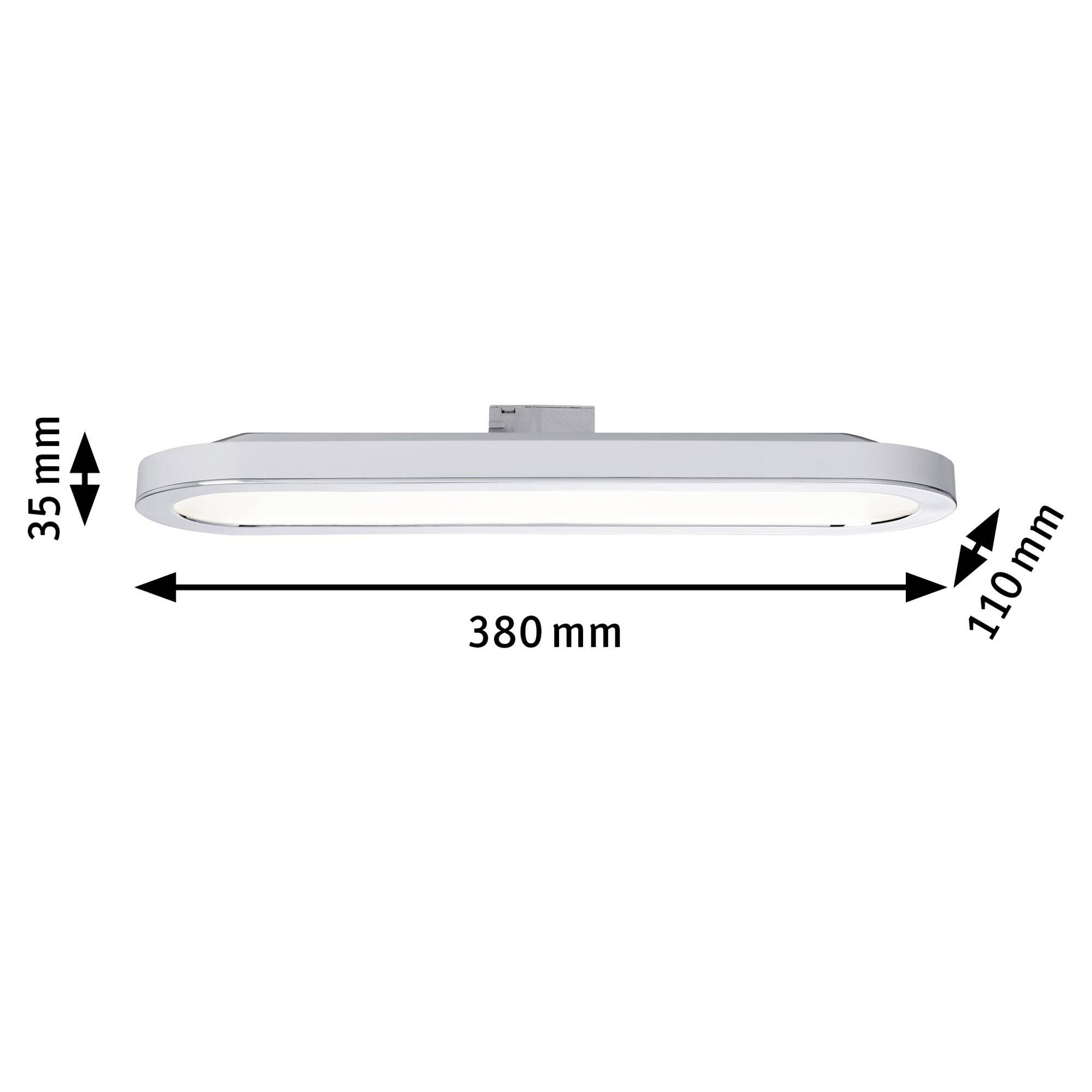 Plafonnier de forme ovale, blanc, dimensions : 380 mm de longueur, 110 mm de largeur, 35 mm de hauteur.