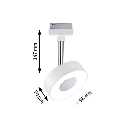 Lampe LED avec tête mobile, dimensions : hauteur 147 mm, largeur 98 mm, épaisseur 50 mm ; adaptée pour un éclairage flexible.